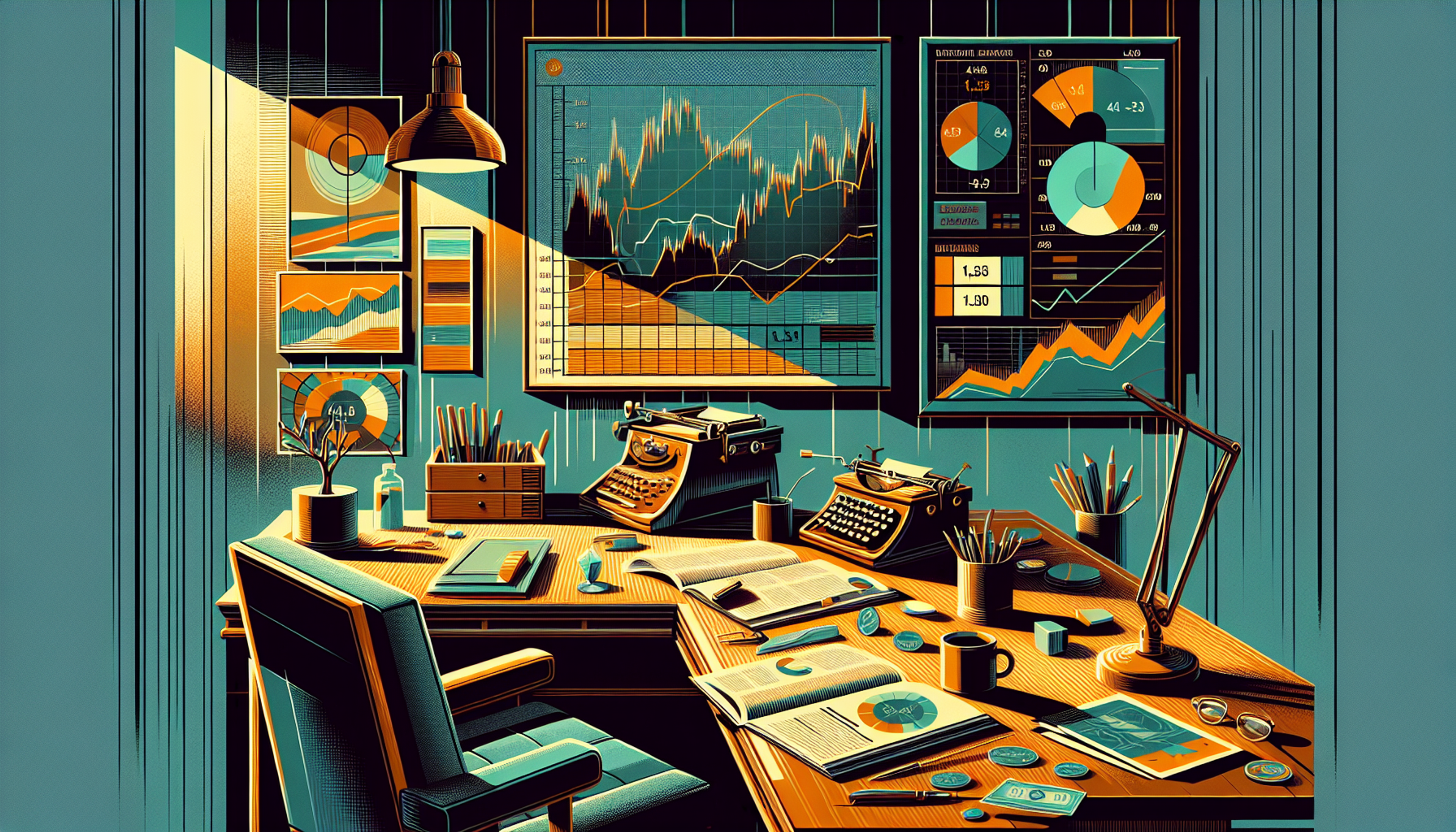 A vintage office with a wooden desk, charts, and