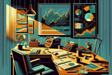 A vintage office with a wooden desk, charts, and