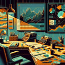 A vintage office with a wooden desk, charts, and