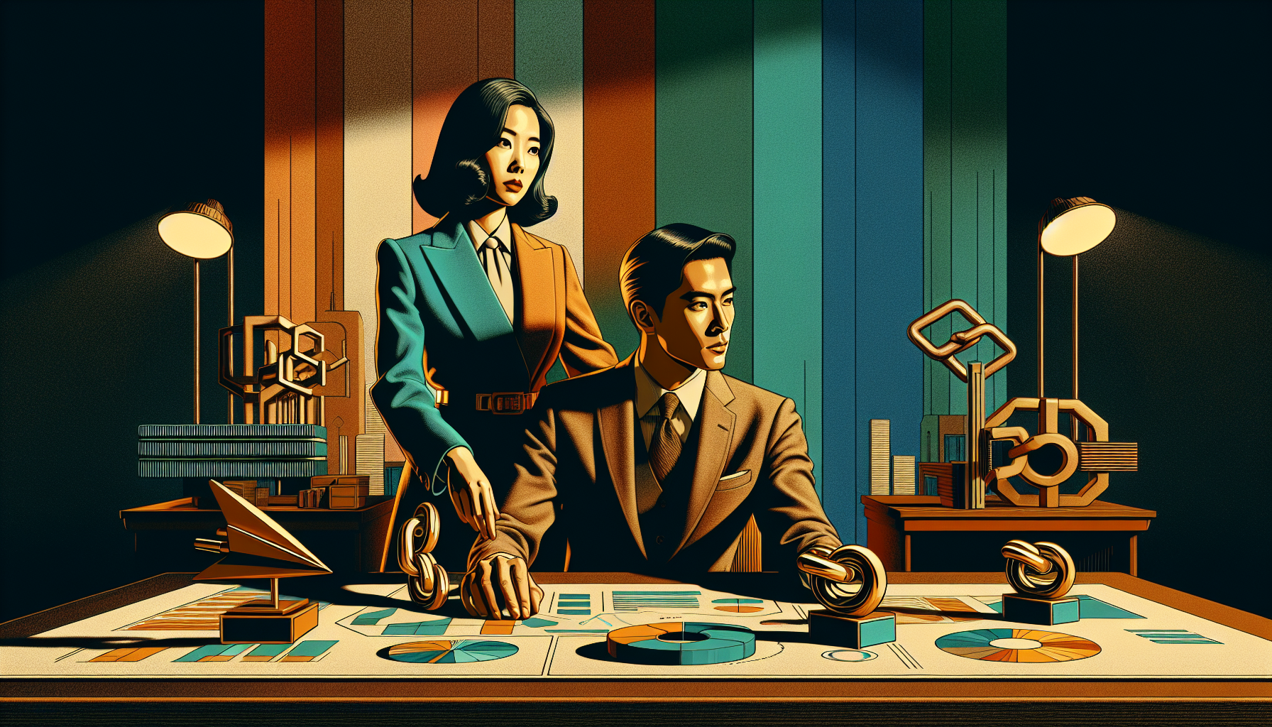 Two professionals at a table with geometric shapes