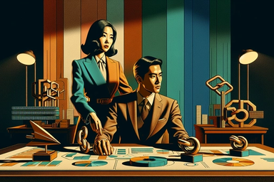 Two professionals at a table with geometric shapes