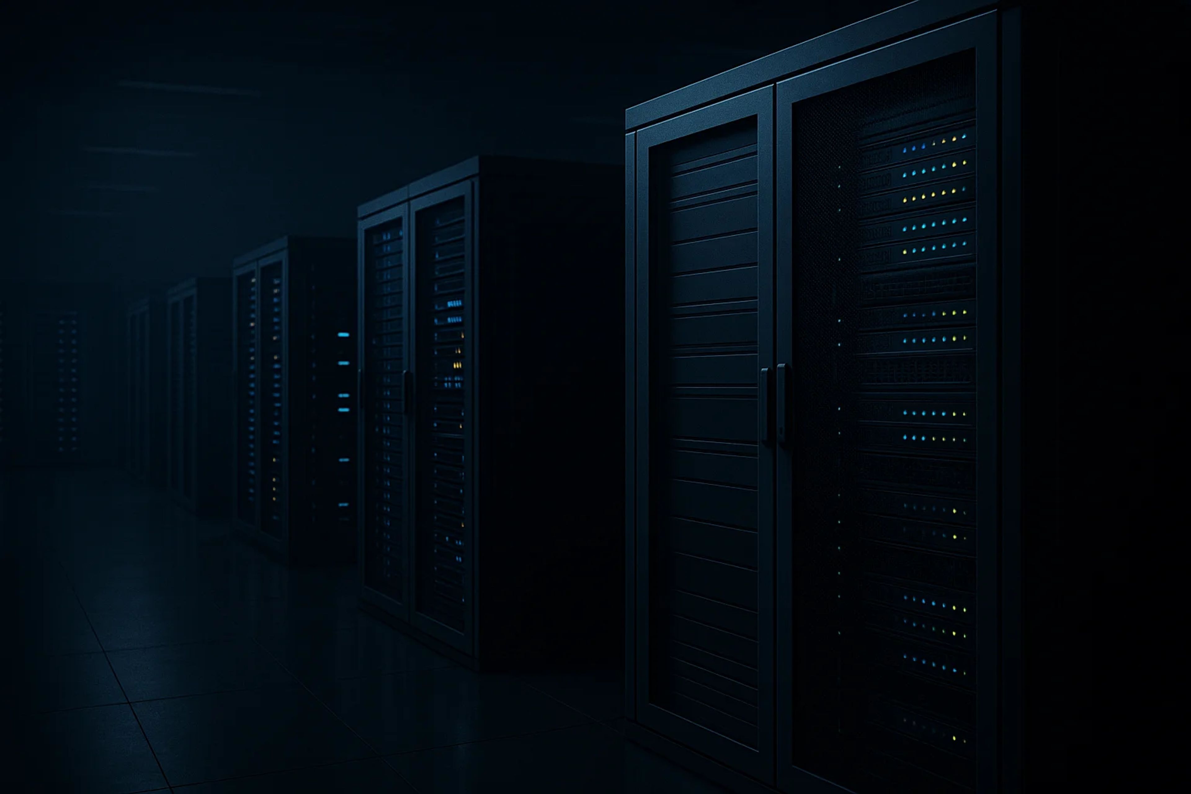 Rows of dark server racks illuminated by blue