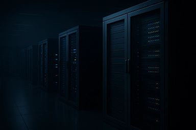 Rows of dark server racks illuminated by blue