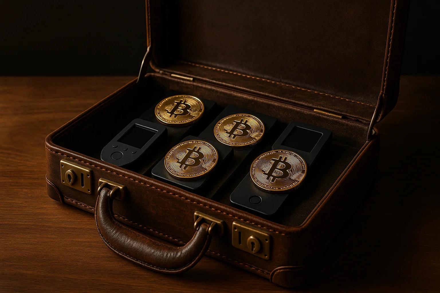 A leather briefcase containing four