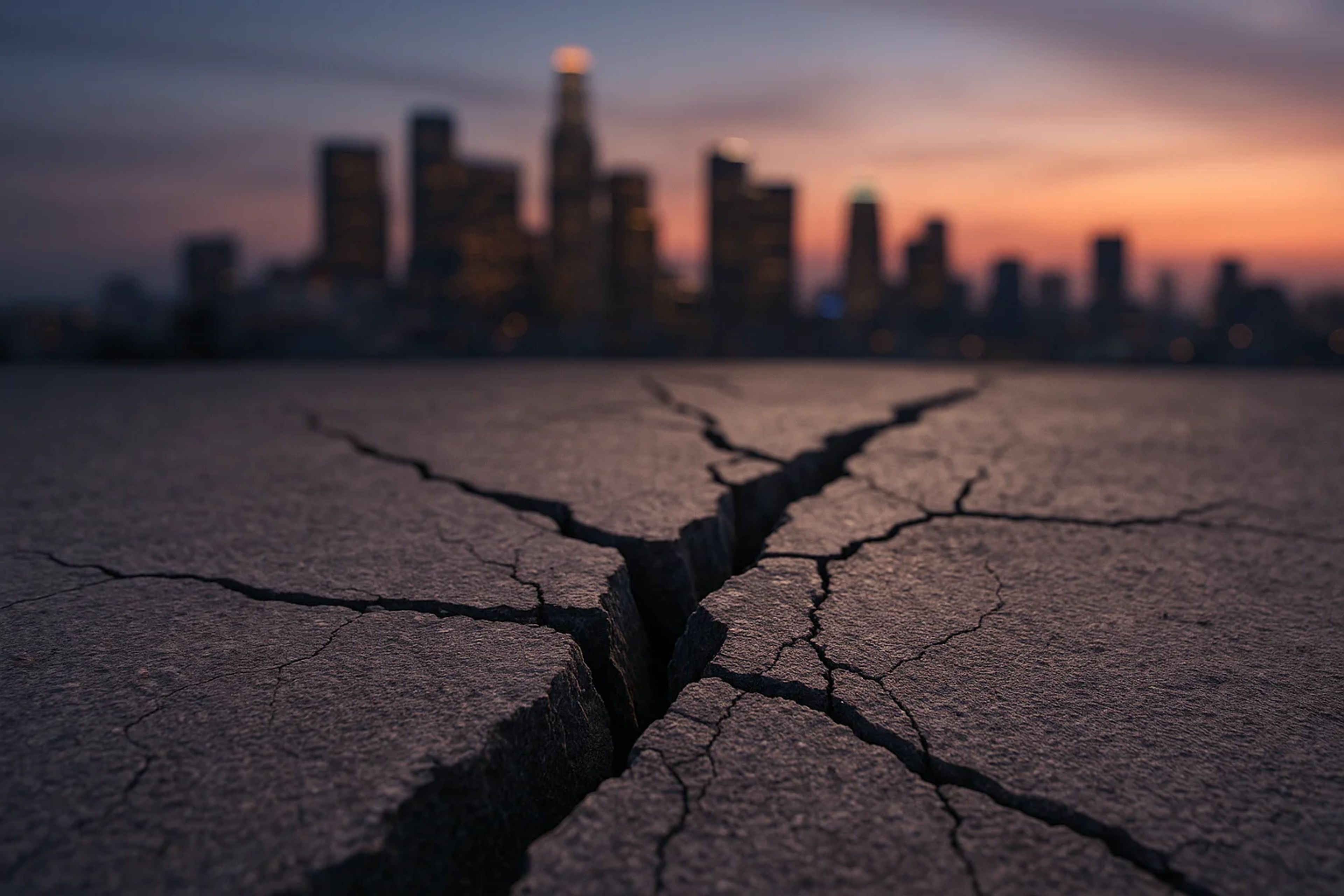 Cracked pavement with a blurred city skyline at
