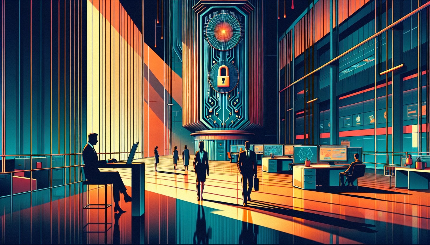Futuristic office interior with vibrant lighting