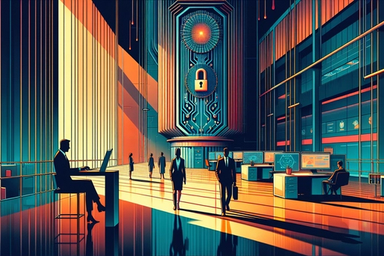 Futuristic office interior with vibrant lighting