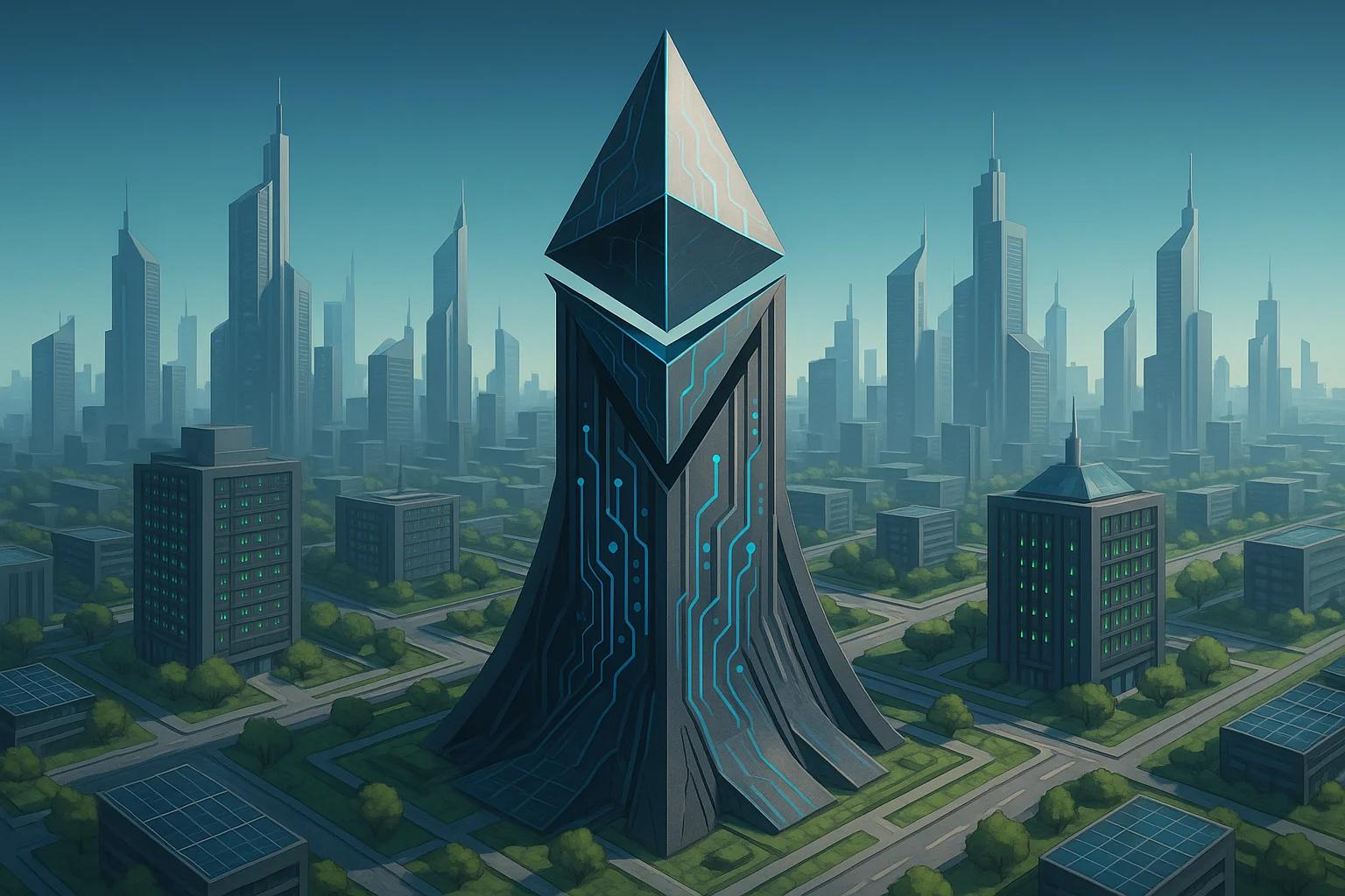 Futuristic cityscape with a tall, angular tower