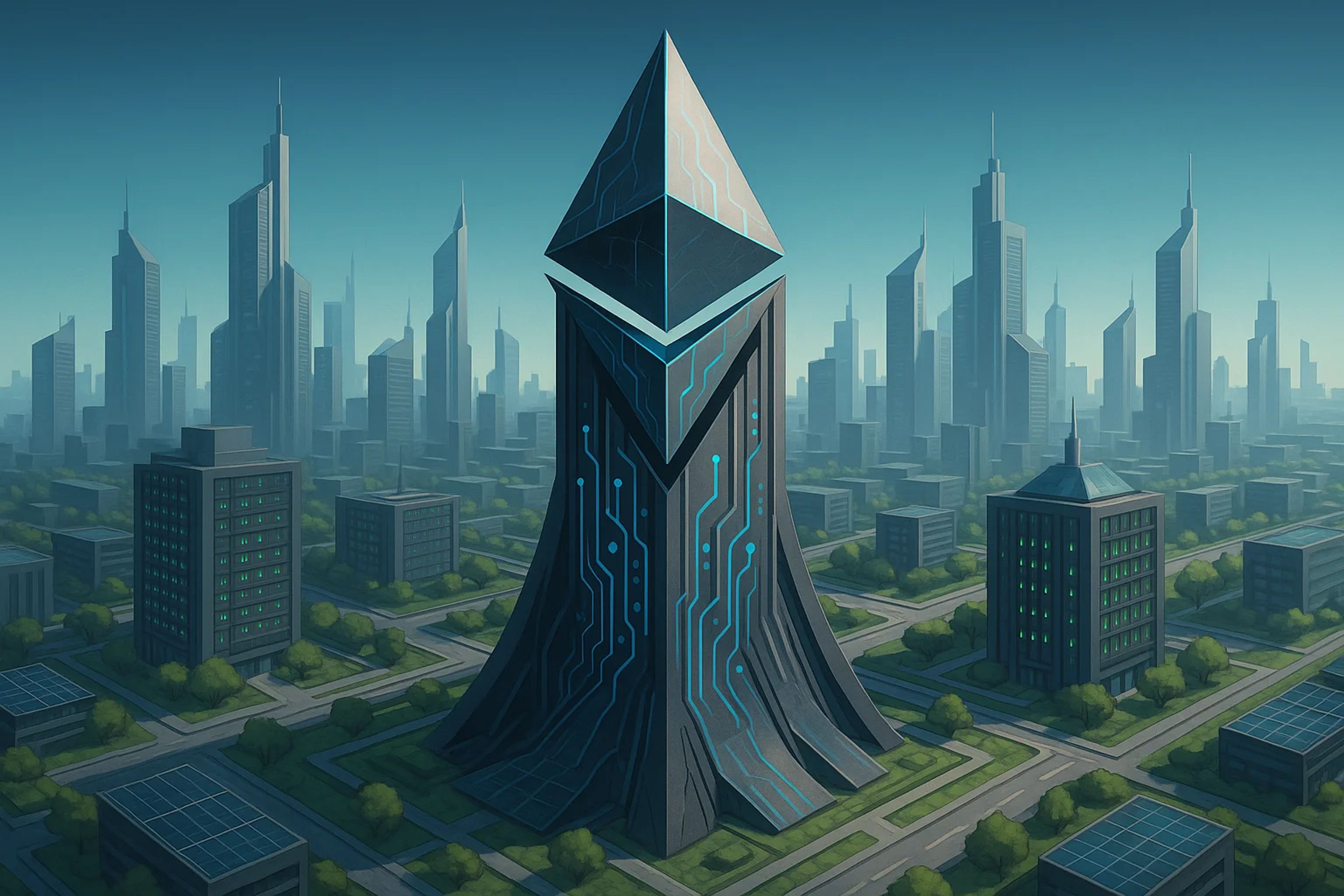 Futuristic cityscape with a tall, angular tower