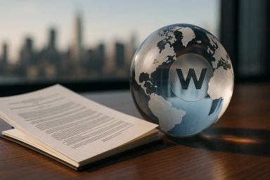 Clear globe with a 'W' symbol beside a stack of