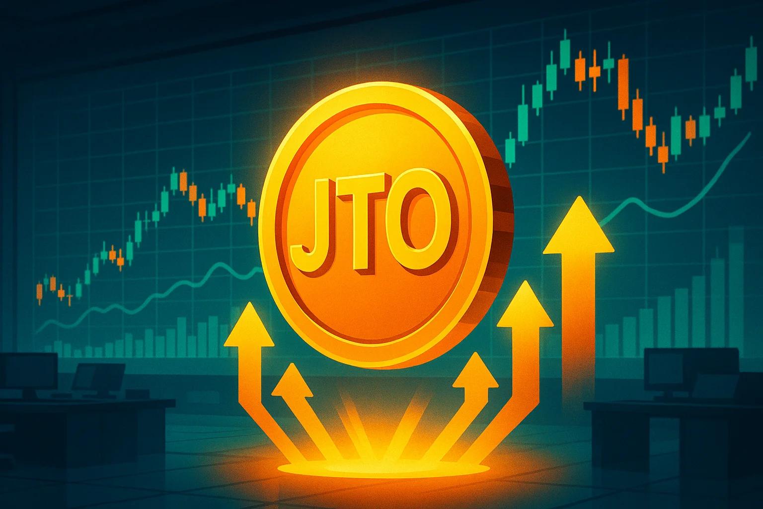 Golden coin with JTO symbol surrounded by upward