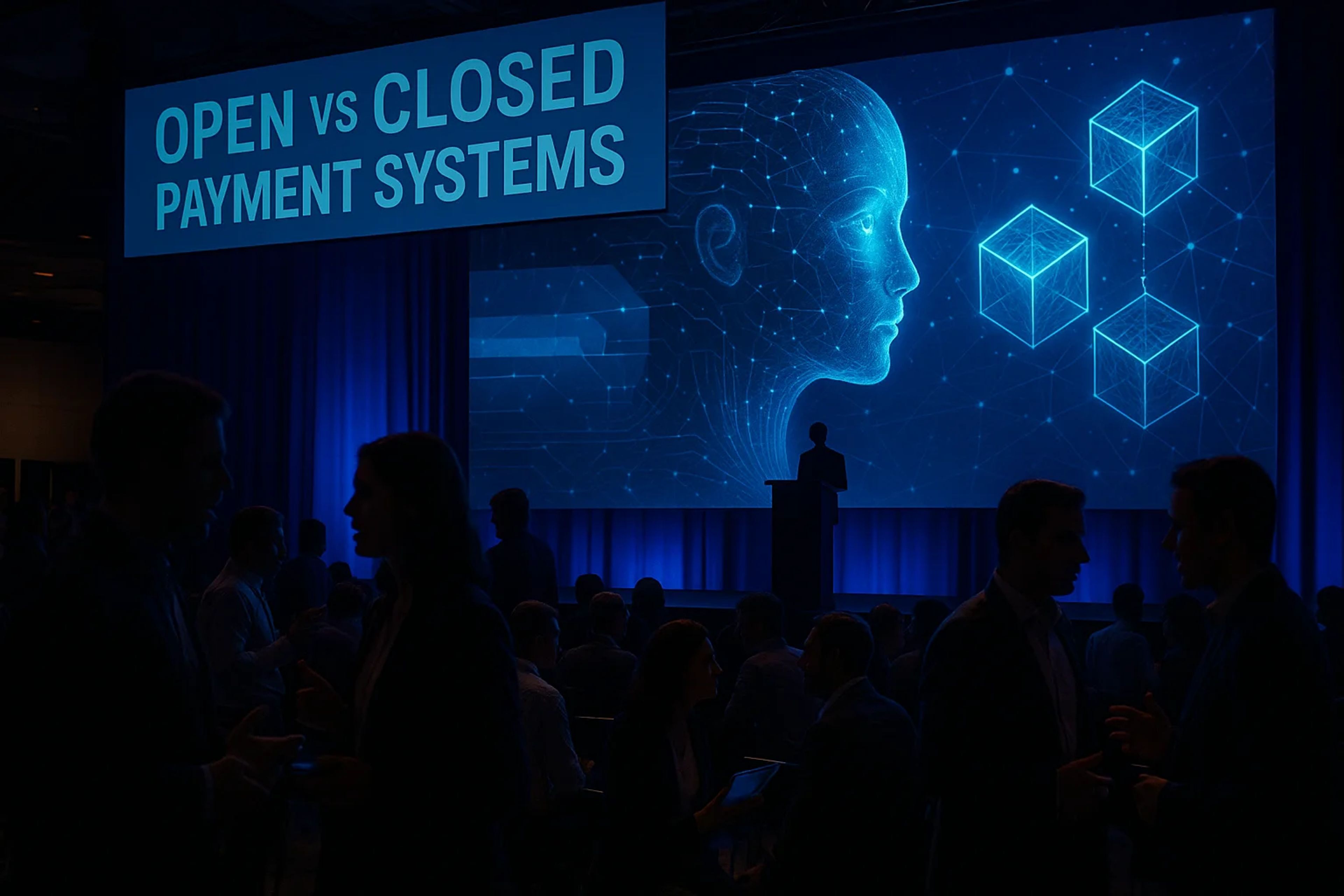 Silhouettes of people in a conference setting