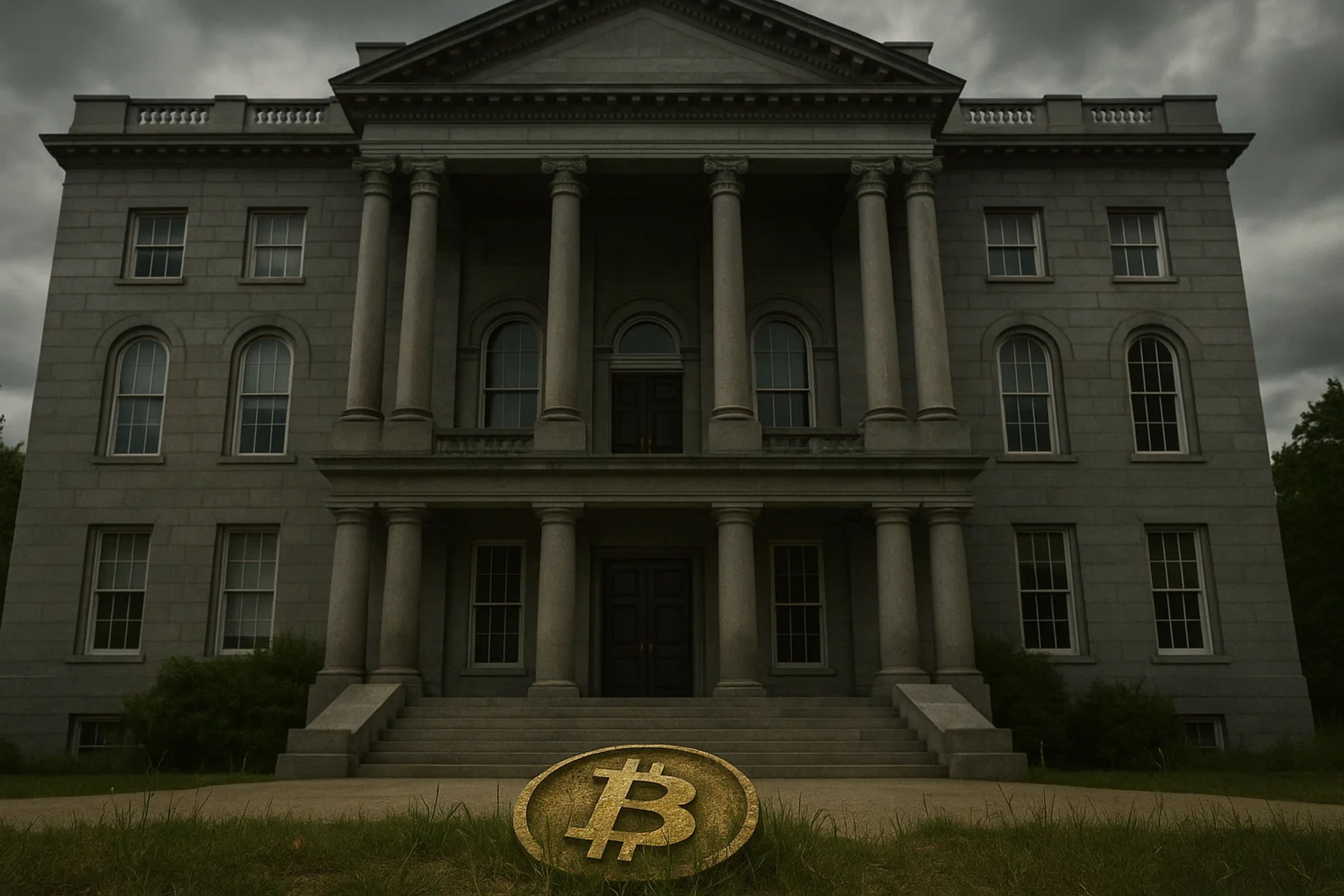 A large golden Bitcoin symbol in front of a