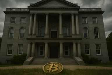 A large golden Bitcoin symbol in front of a