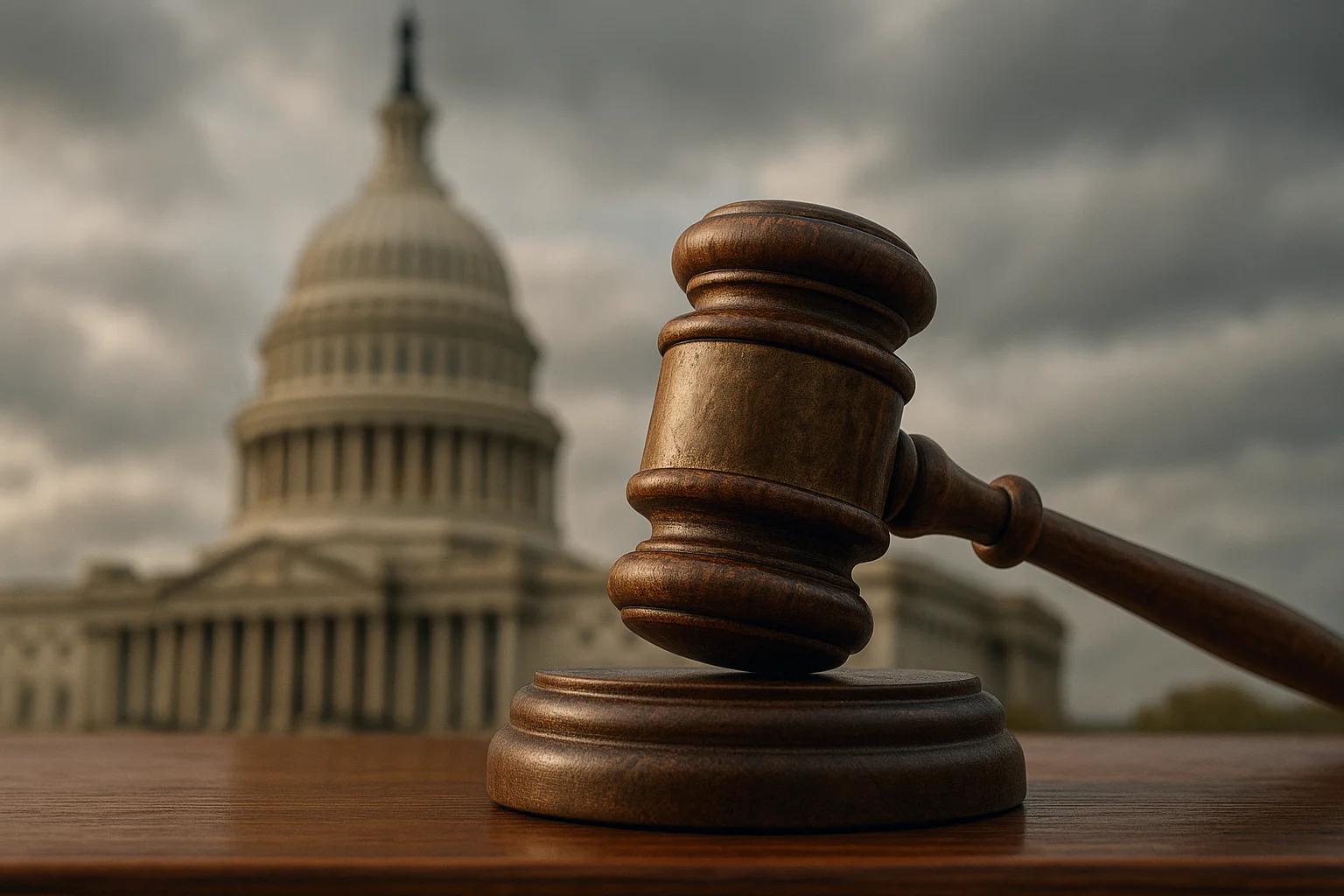 A wooden gavel resting on a table with the U.S