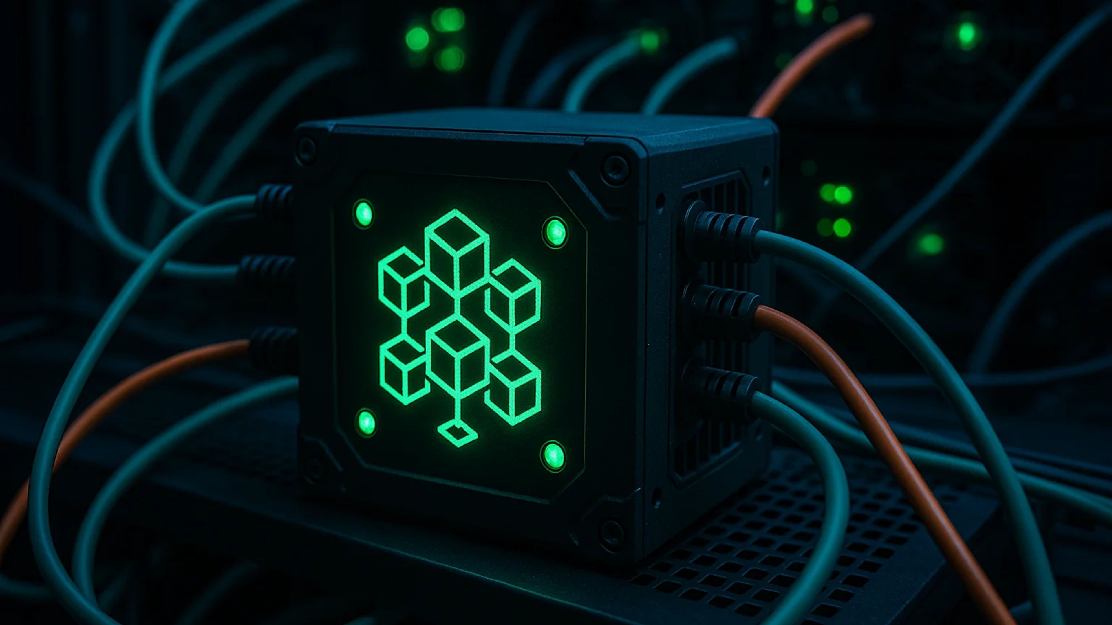 A dark setting with a glowing green device