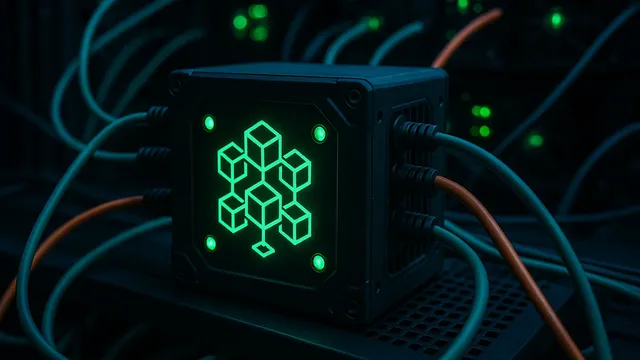 A dark setting with a glowing green device