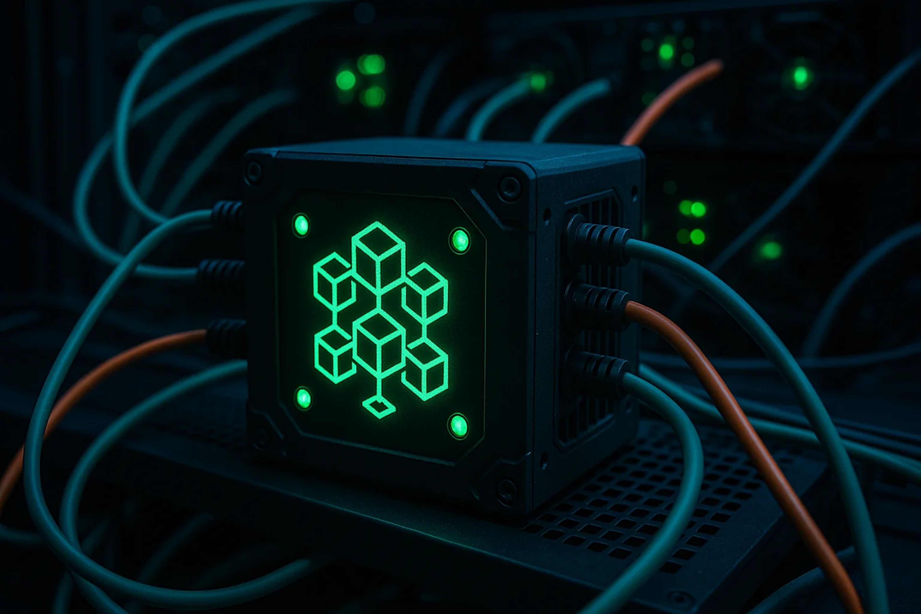 A dark setting with a glowing green device