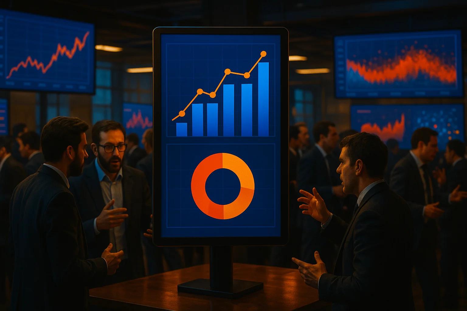 Business professionals discussing data analytics