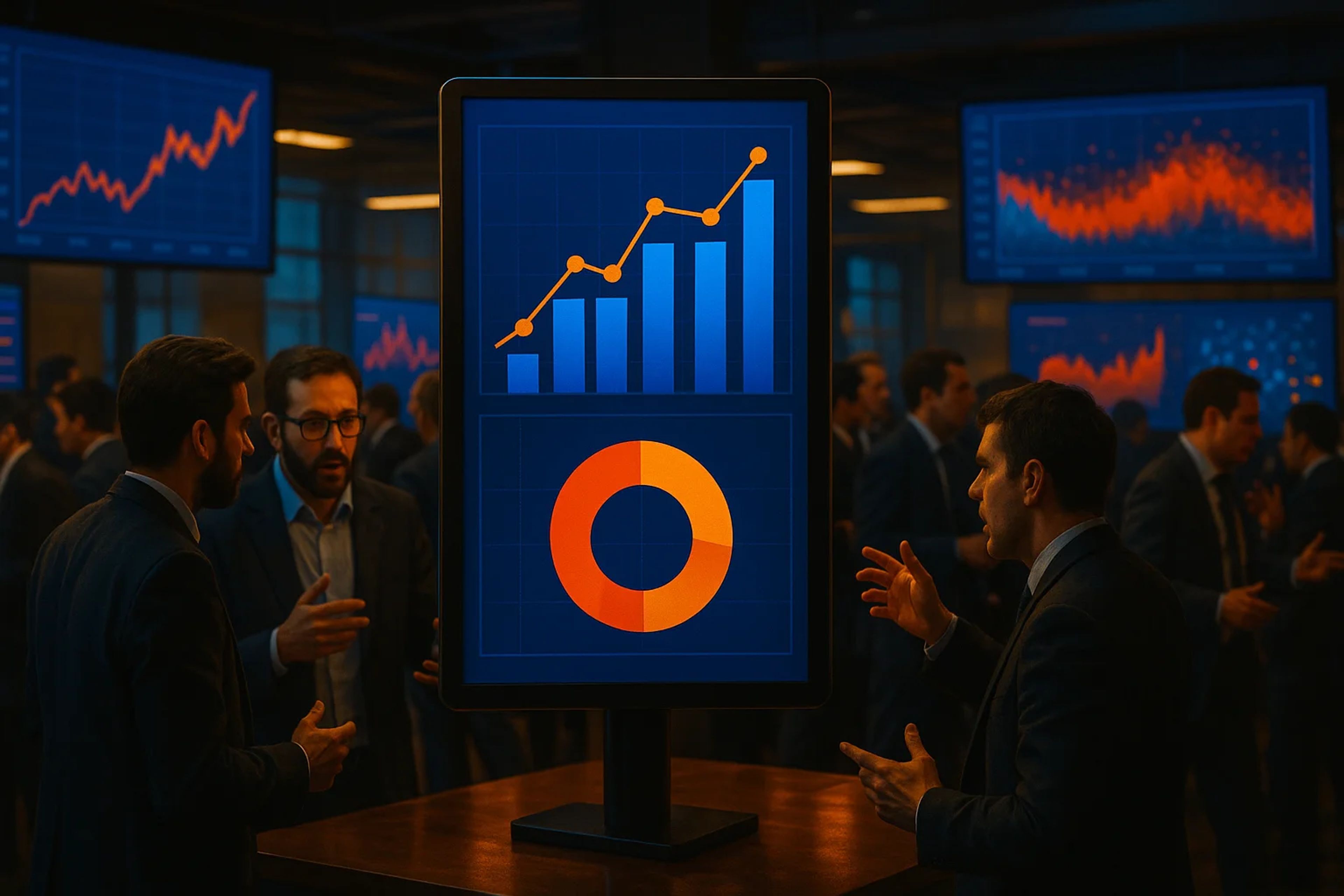 Business professionals discussing data analytics