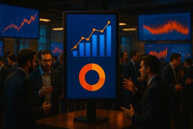 Business professionals discussing data analytics