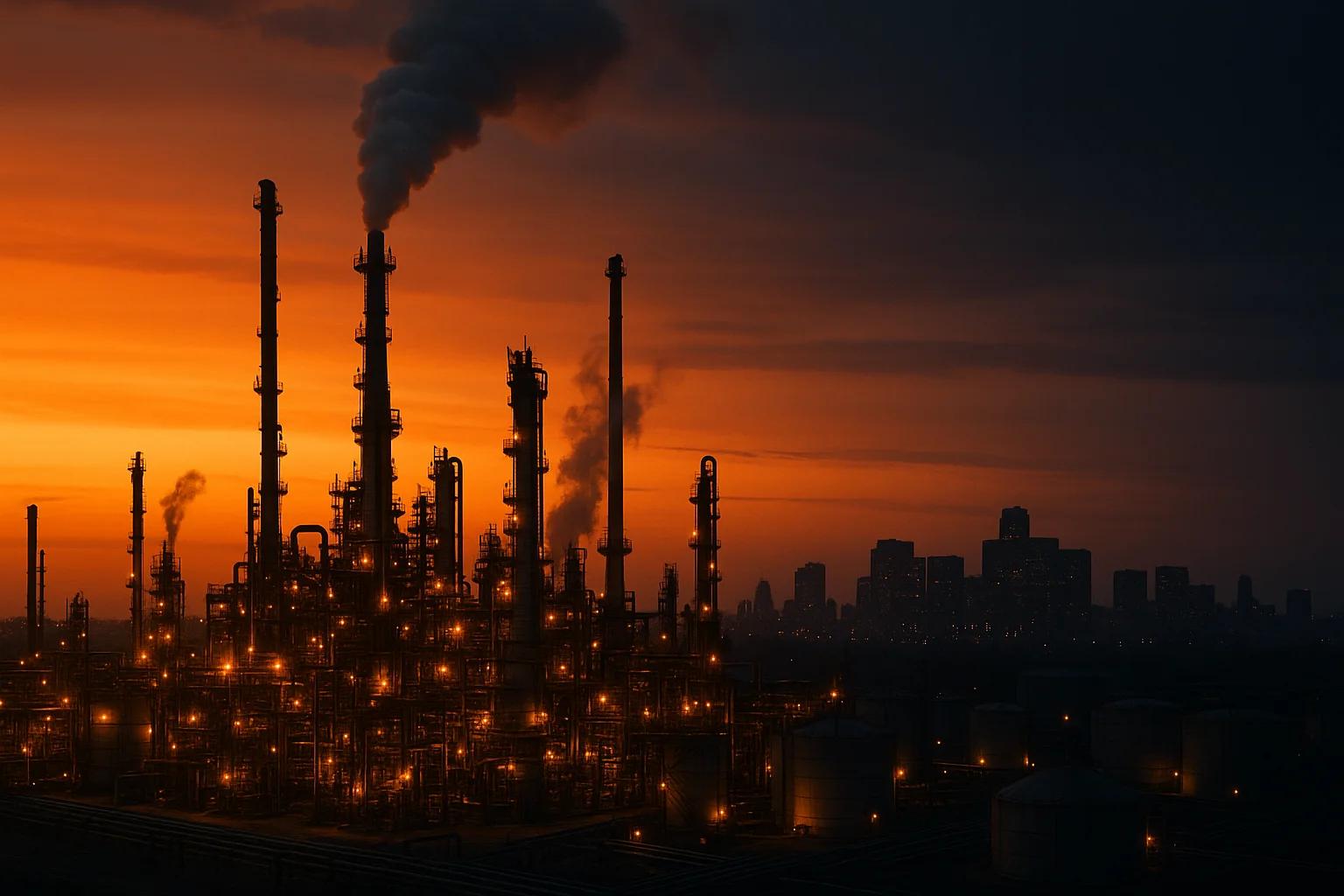 Silhouetted industrial skyline at sunset