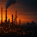 Silhouetted industrial skyline at sunset
