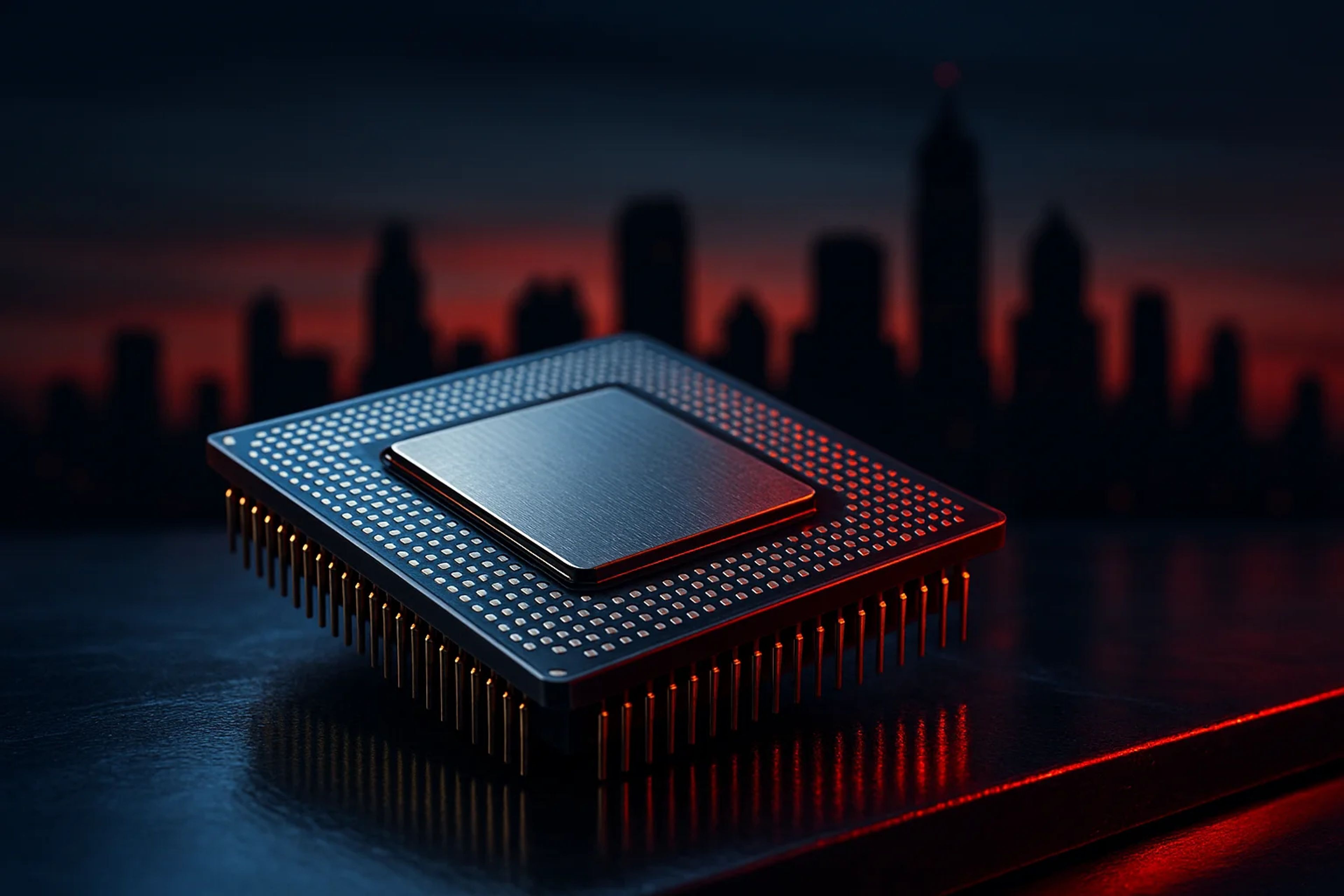 A computer chip on a reflective surface with a