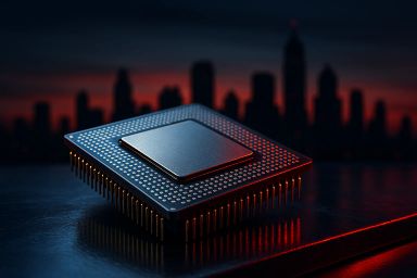 A computer chip on a reflective surface with a