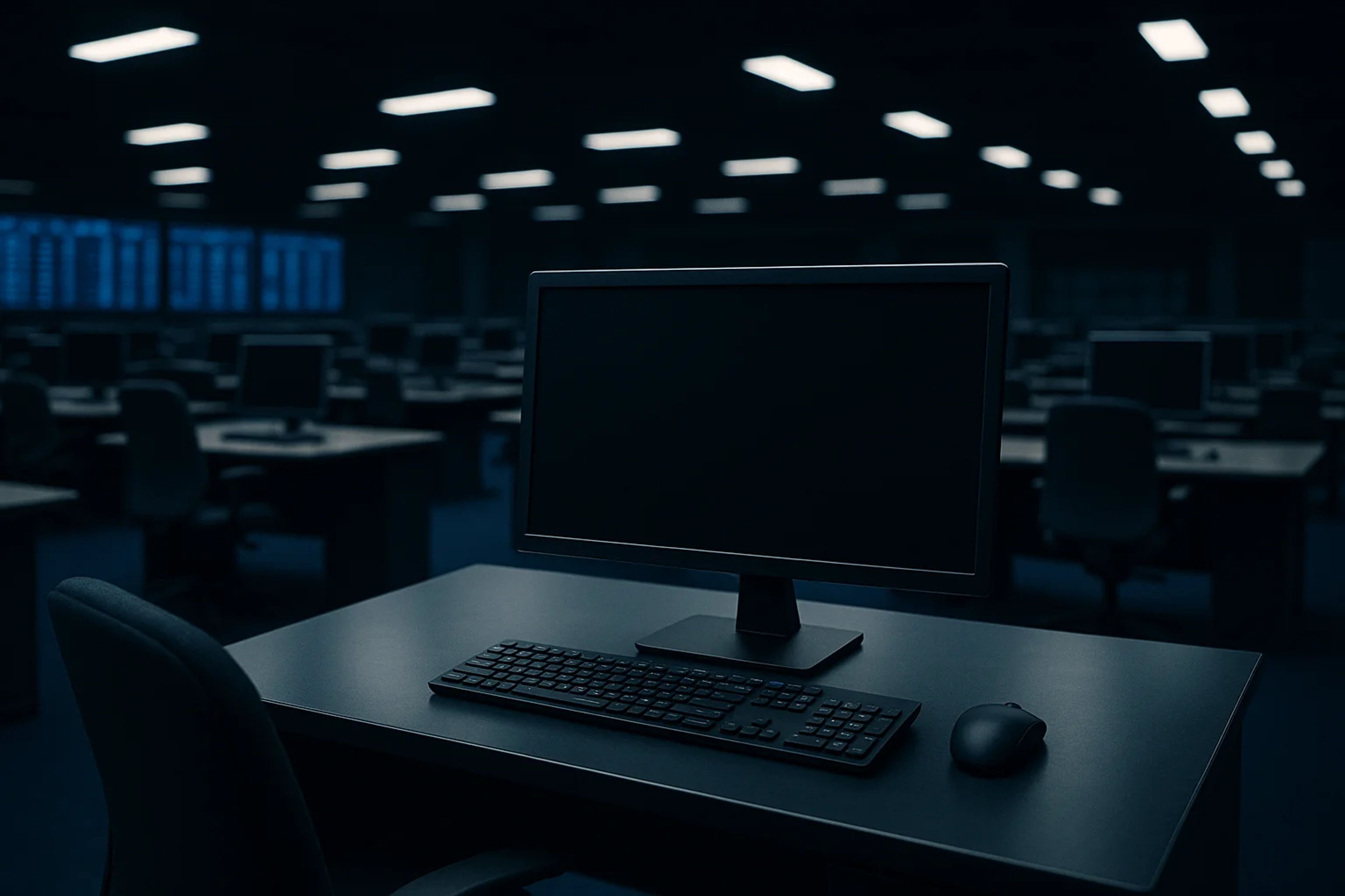 Dark office space with empty desks and monitors