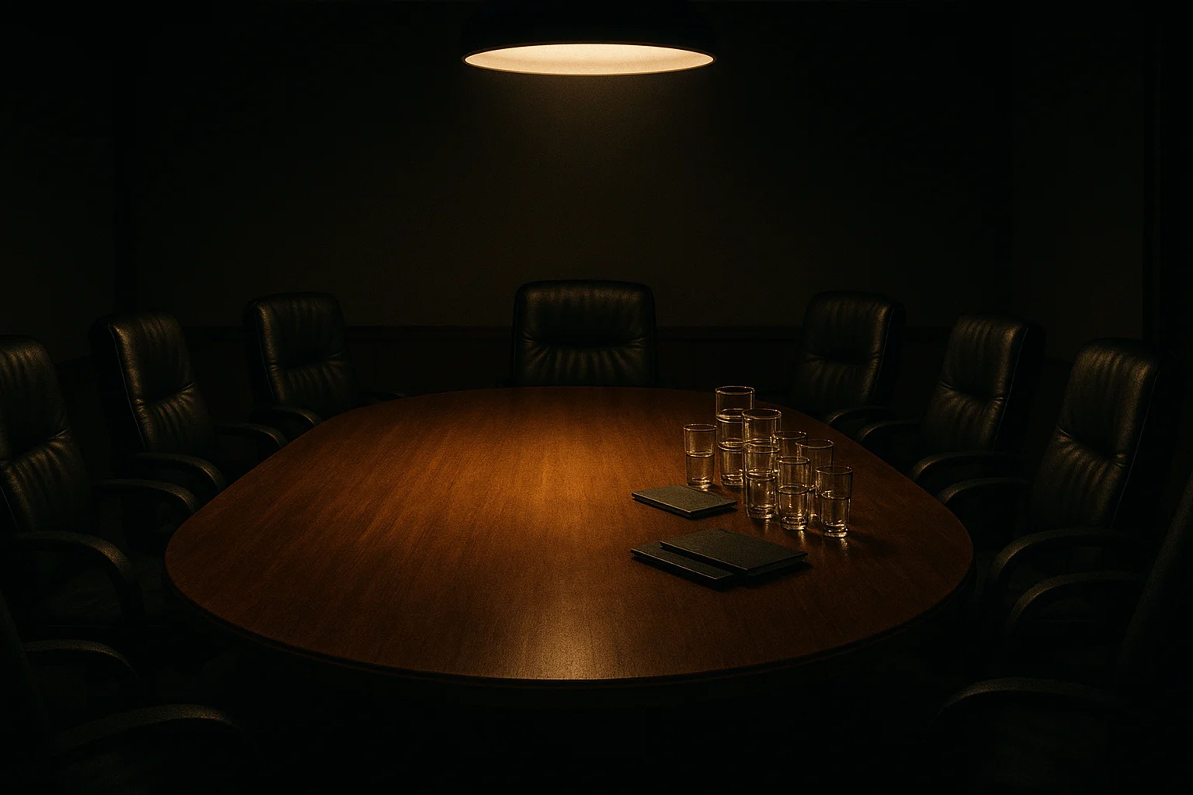 Dimly lit conference room with a large wooden