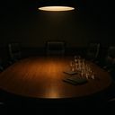 Dimly lit conference room with a large wooden