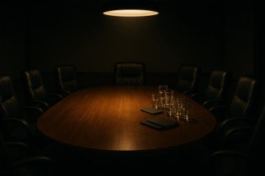 Dimly lit conference room with a large wooden