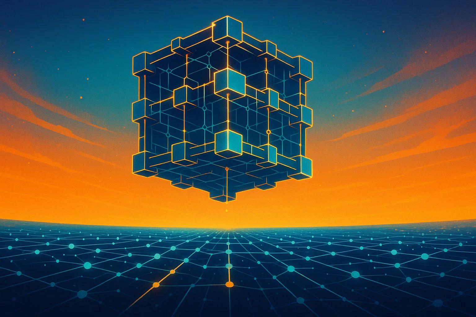 Geometric cube structure against a gradient sunset
