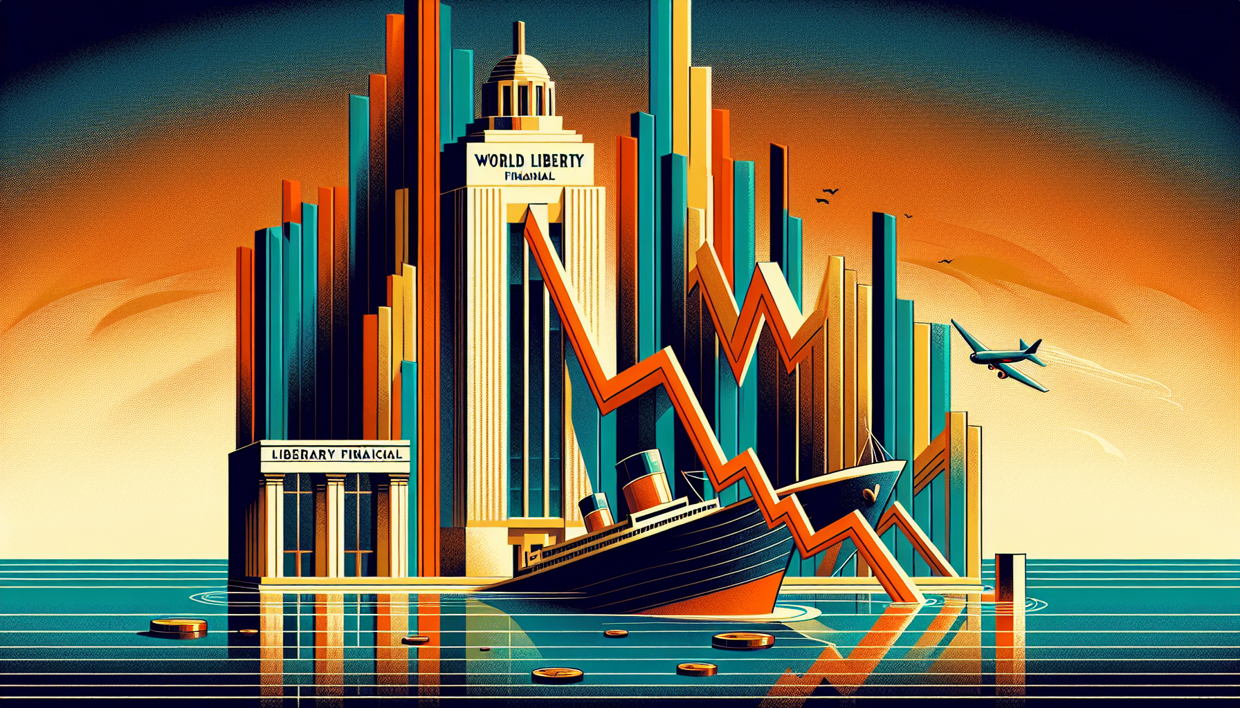 Colorful city skyline with a sinking ship and