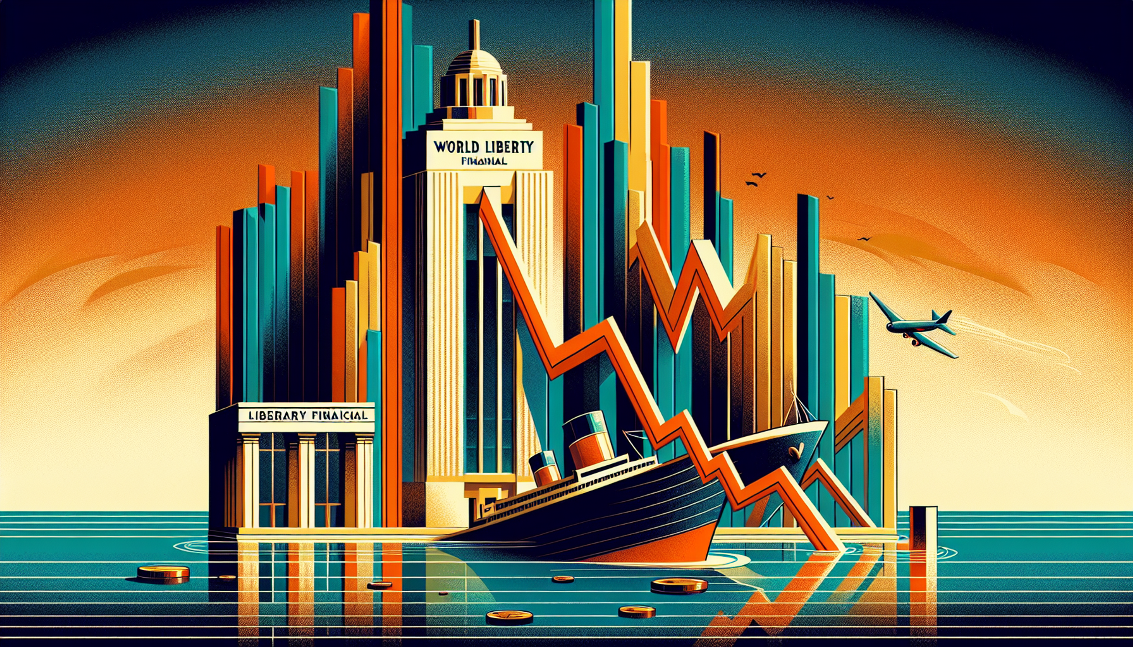 Colorful city skyline with a sinking ship and