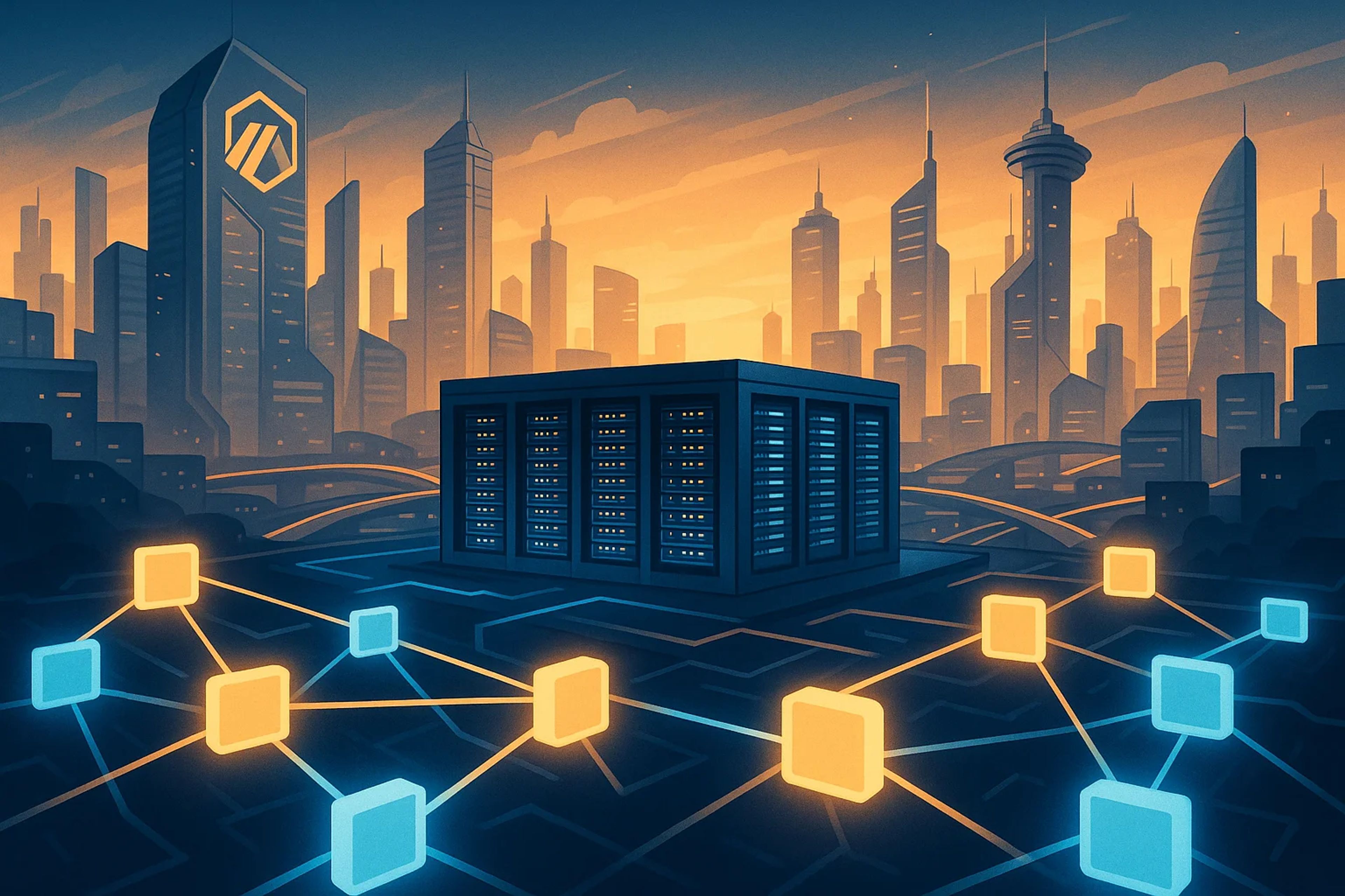Futuristic city skyline at dusk with a data center