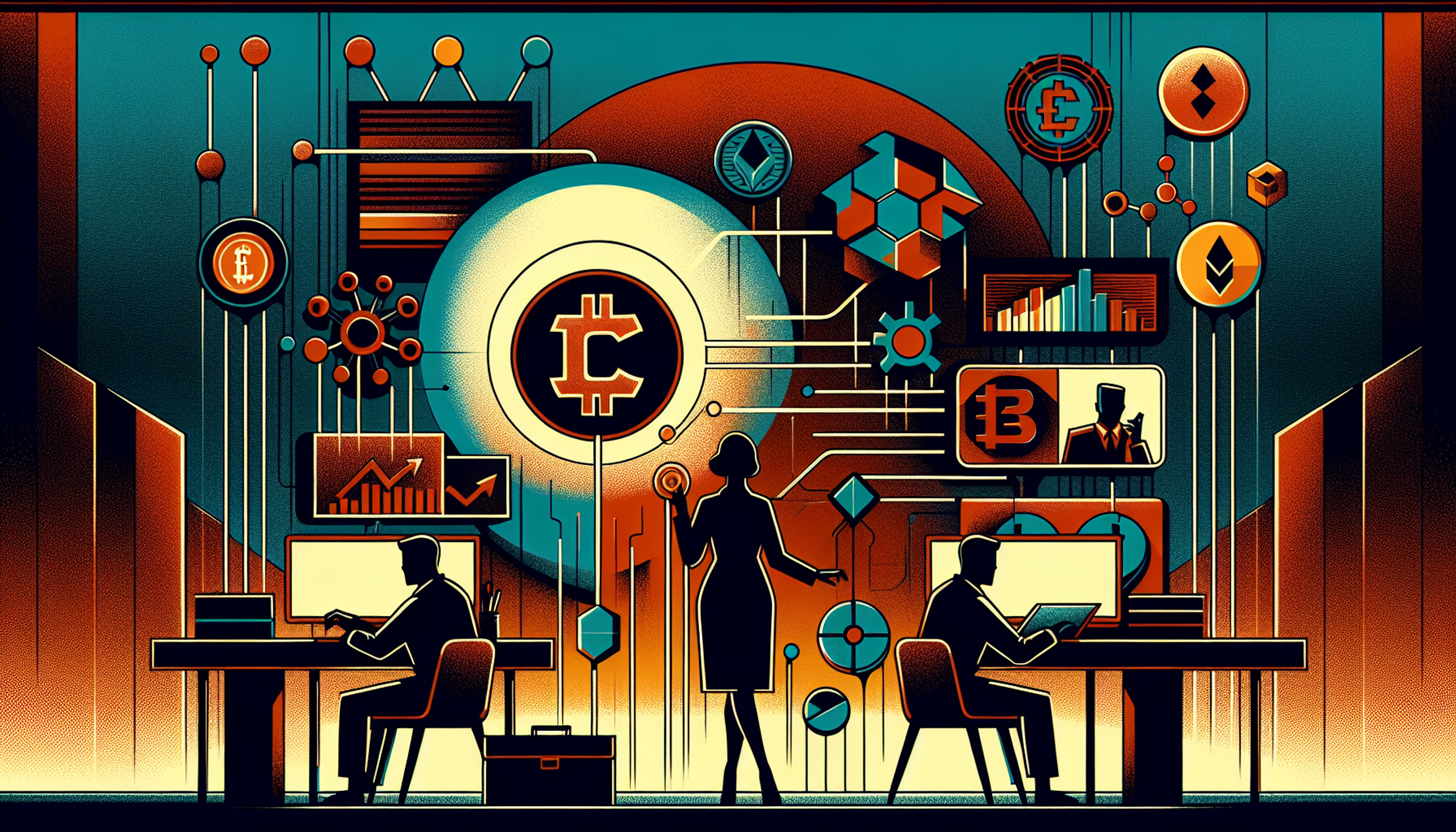 Silhouettes of two people at desks with digital