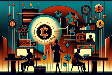 Silhouettes of two people at desks with digital