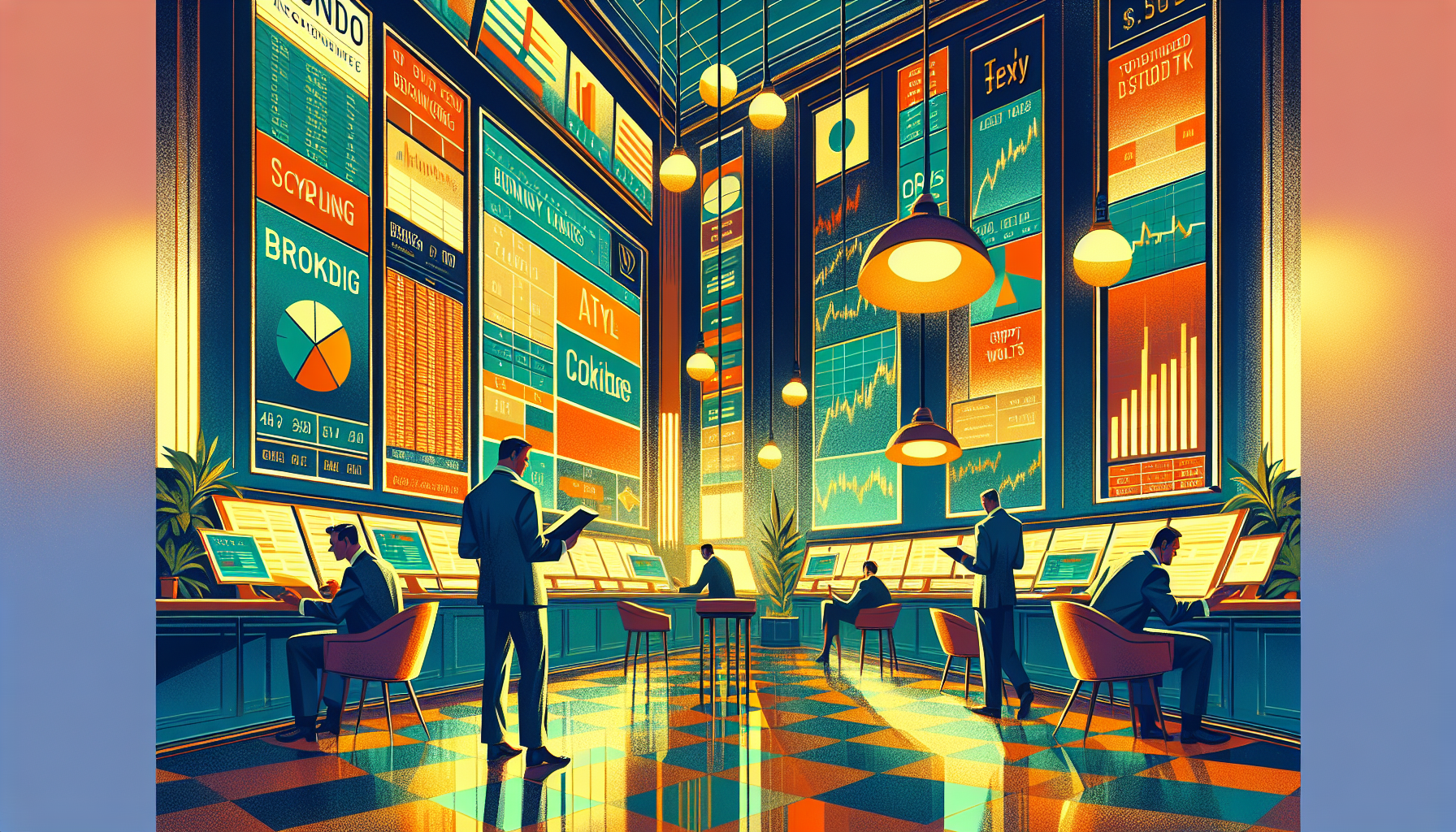 A vibrant trading room with large screens