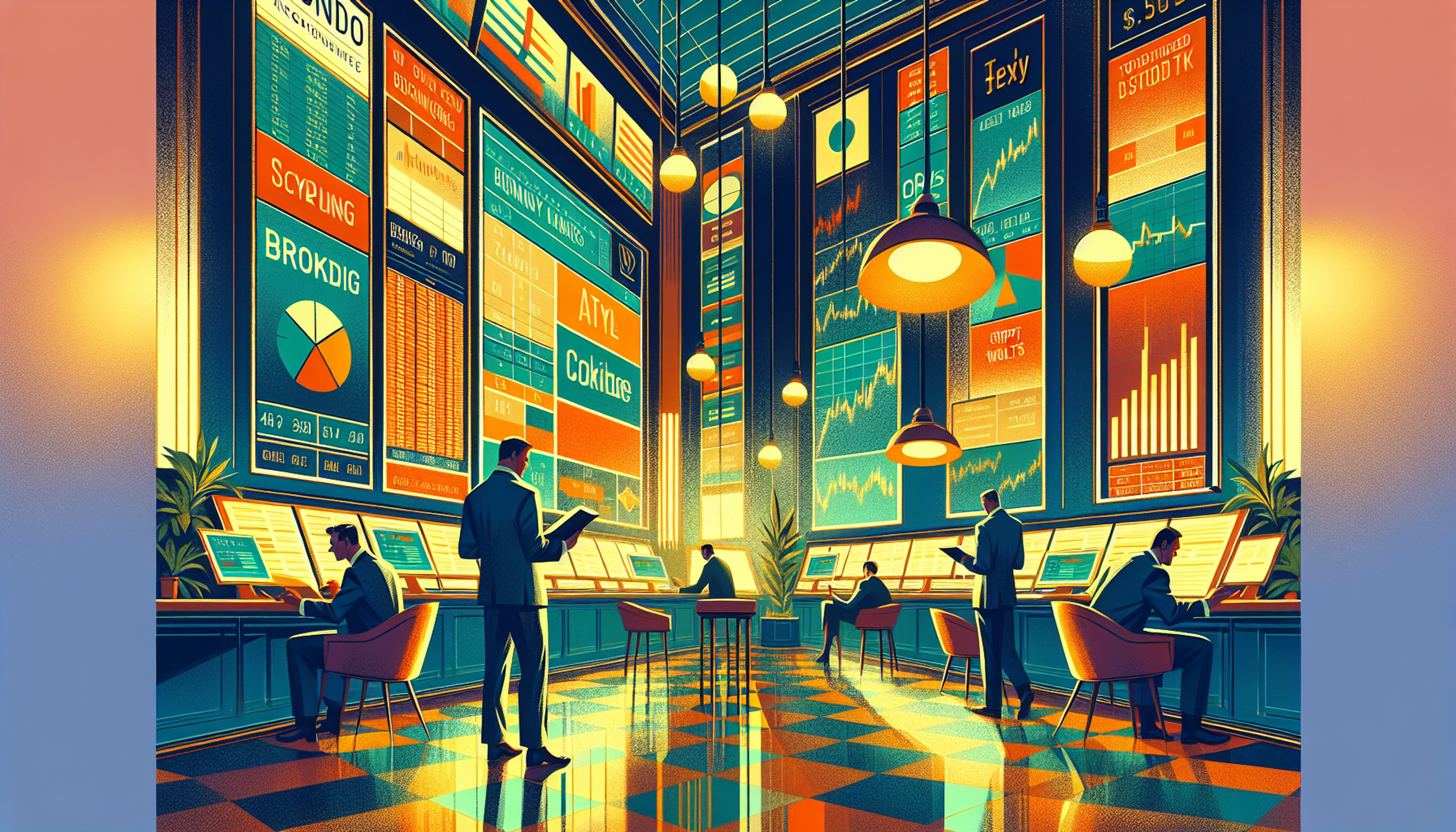 A vibrant trading room with large screens
