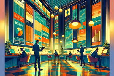 A vibrant trading room with large screens
