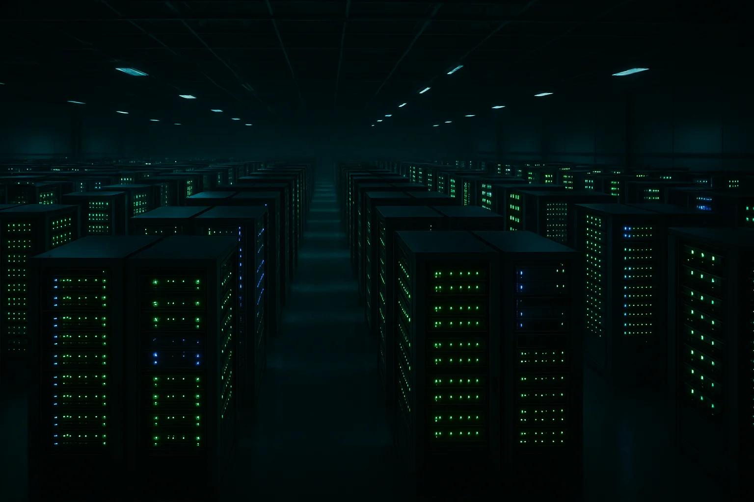 Rows of server racks illuminated by green lights