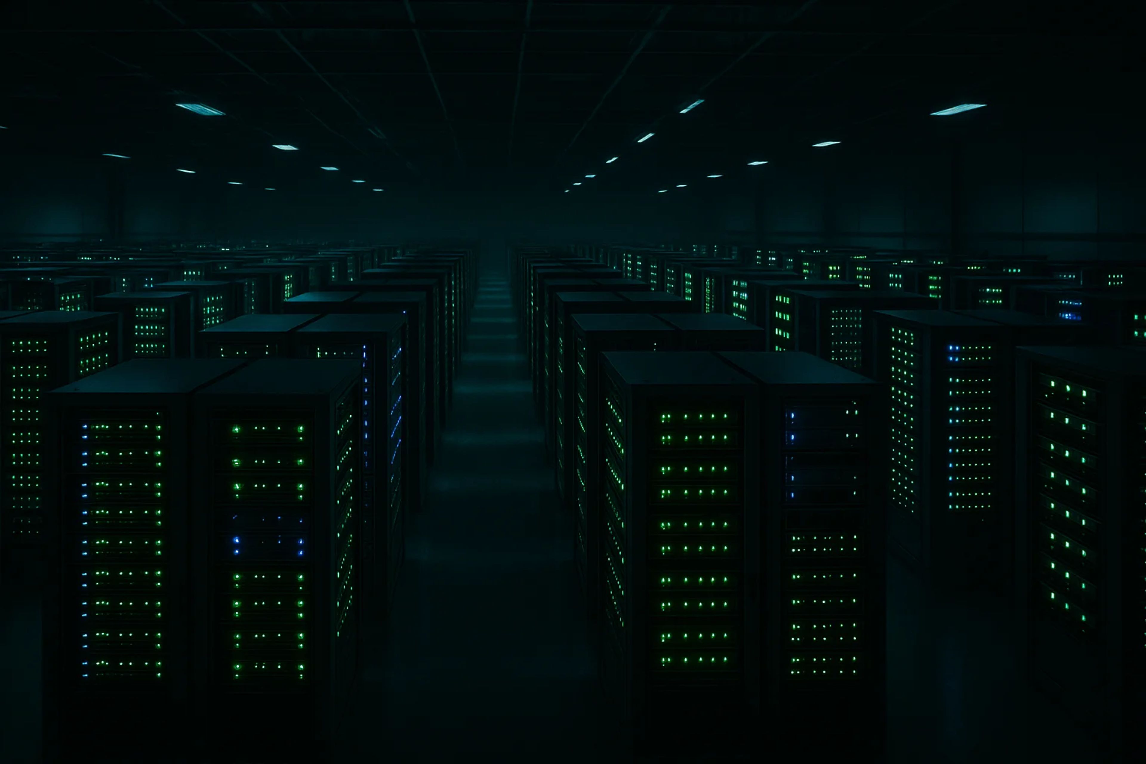 Rows of server racks illuminated by green lights