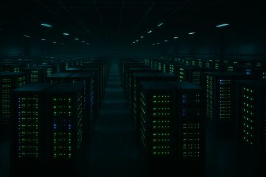 Rows of server racks illuminated by green lights
