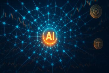 Abstract network of nodes with glowing AI symbol