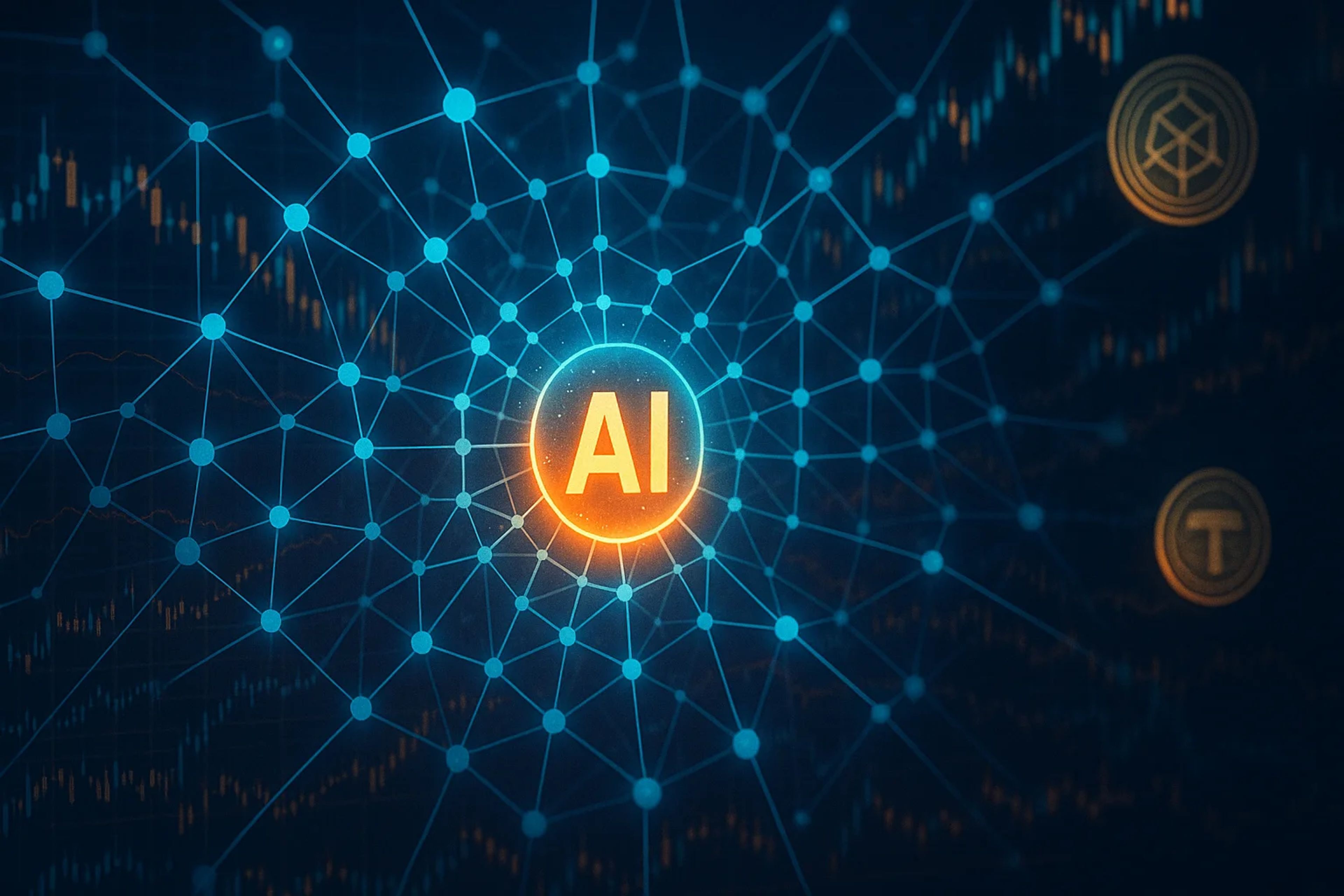 Abstract network of nodes with glowing AI symbol