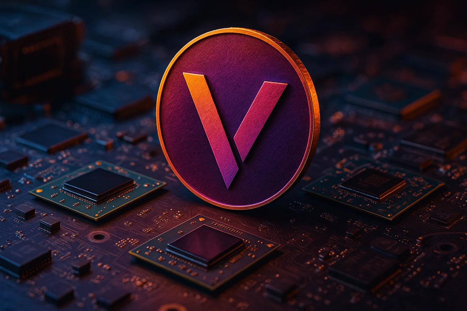A stylized coin with a 'V' symbol on a circuit