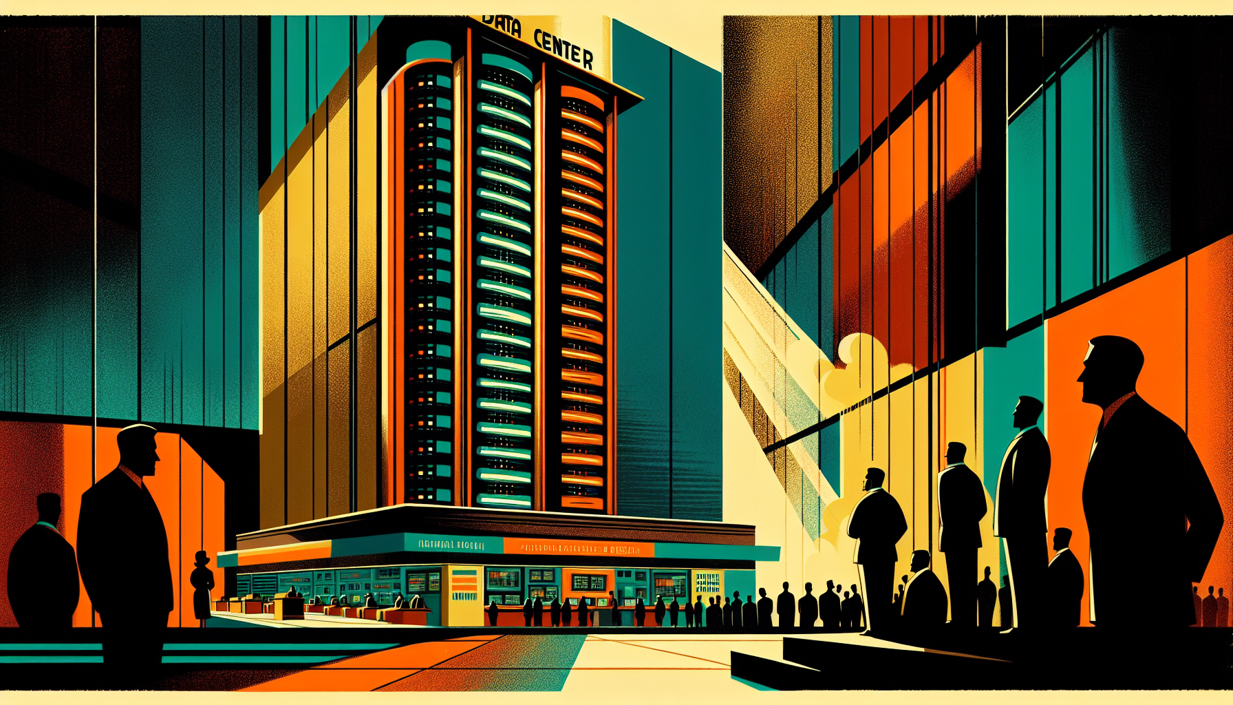 Stylized cityscape with a tall building, figures