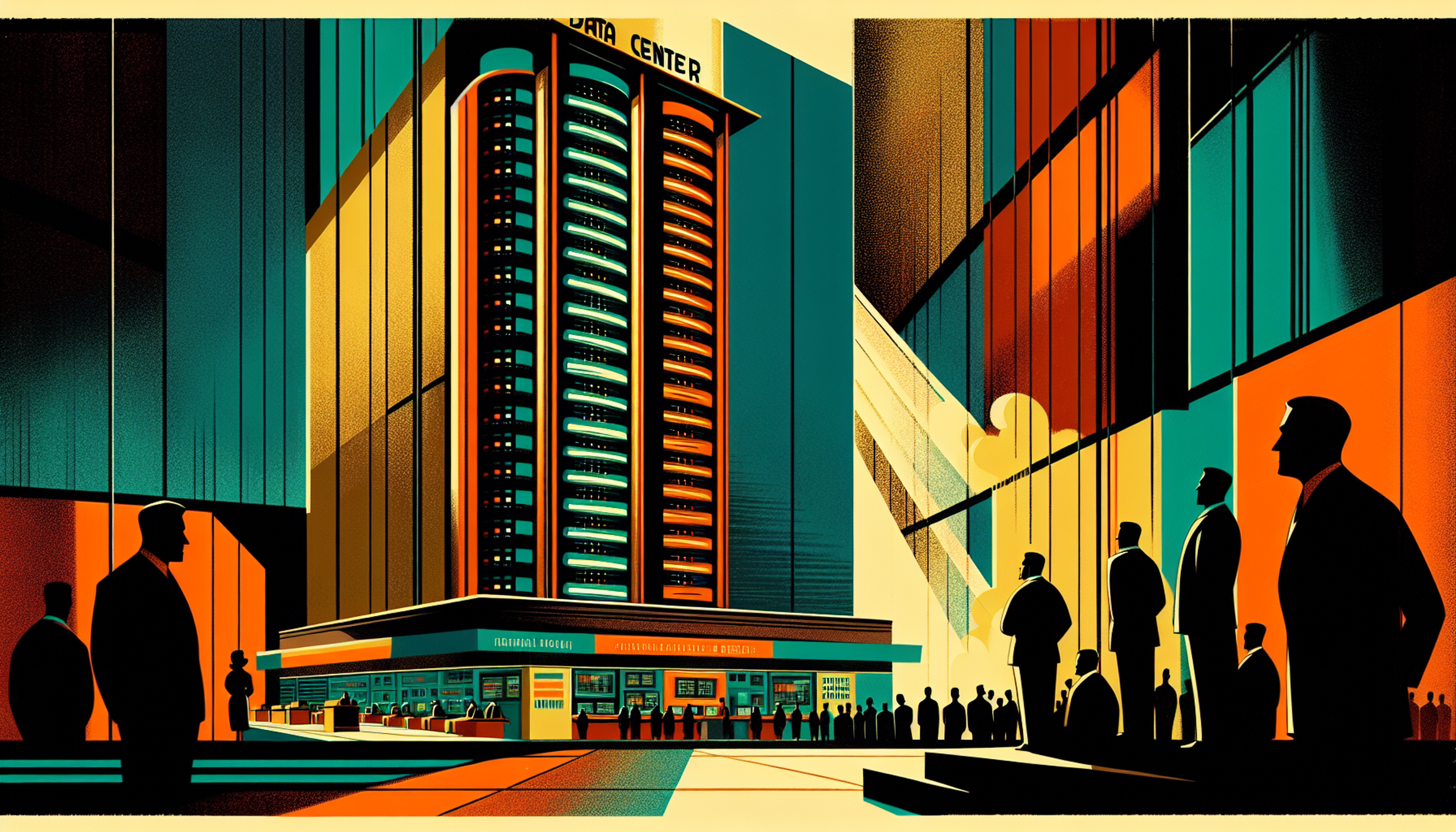 Stylized cityscape with a tall building, figures